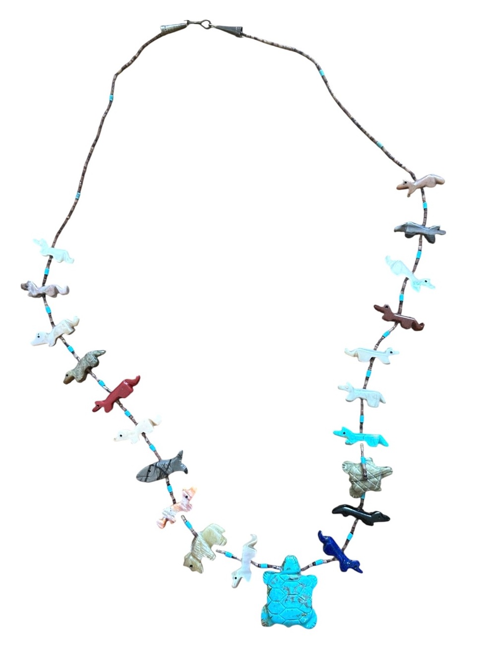 Vtg Zuni Native American Indian Fetish Necklace MultiStone Animals Turtle Bird